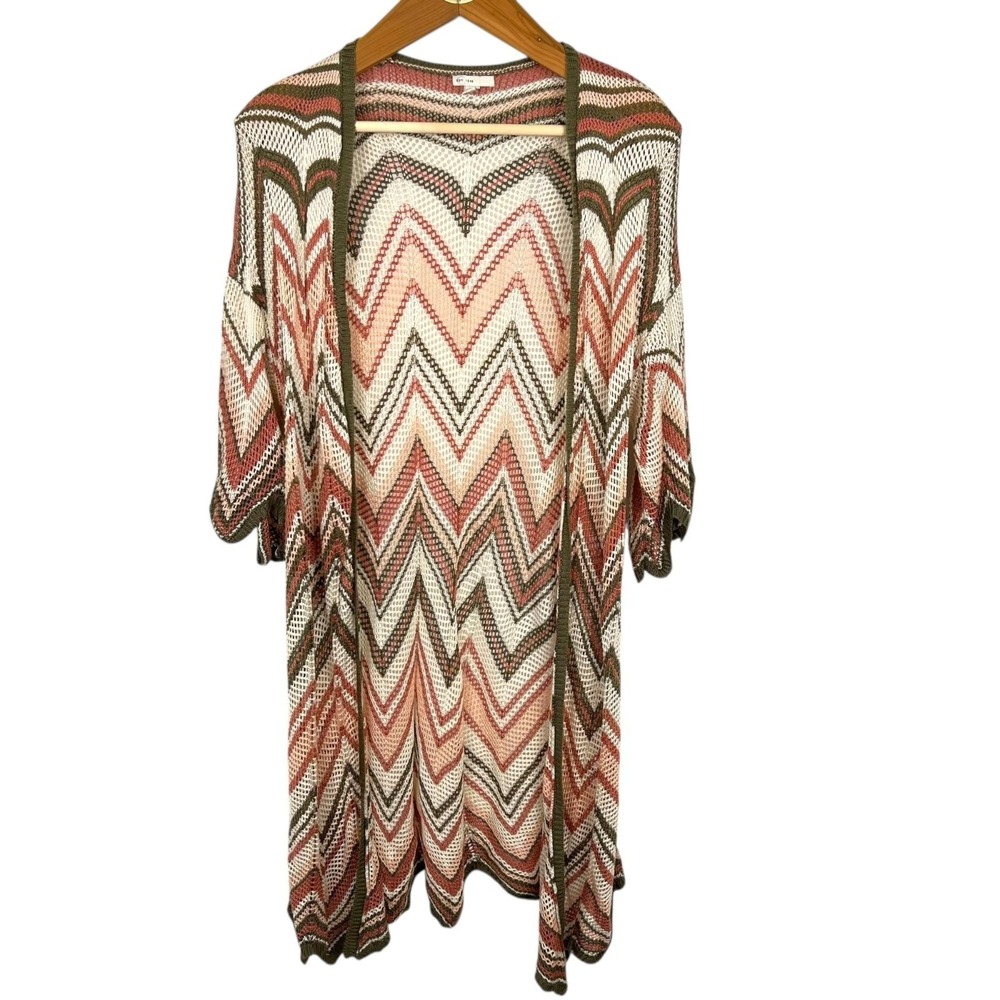 Long Crochet Chevron Cardigan Women XL Shark Tooth Hem Boho Knit Indie Earthy